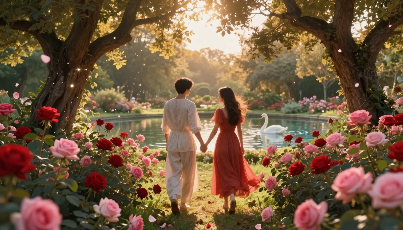 A romantic and dreamlike scene of two people holding hands w...