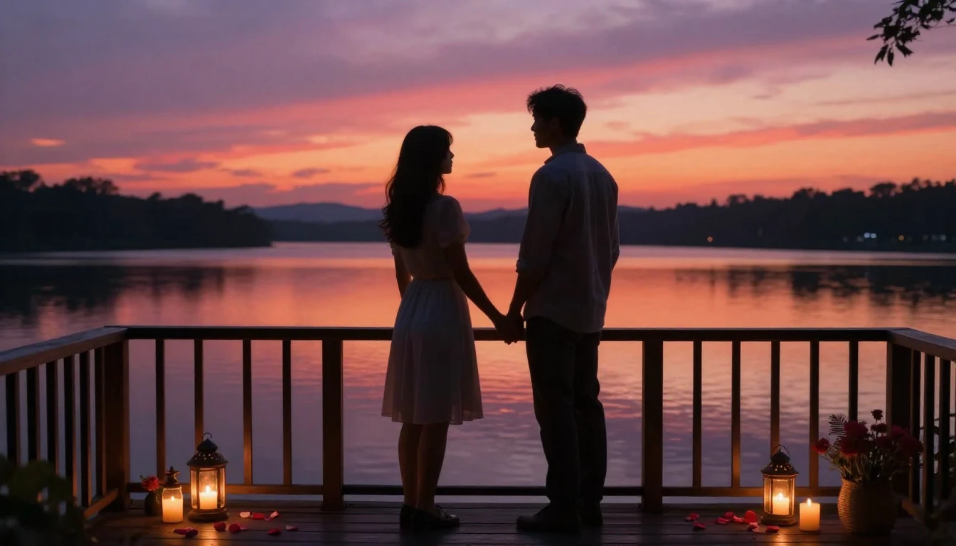 A romantic and cozy scene of two silhouetted figures holding...