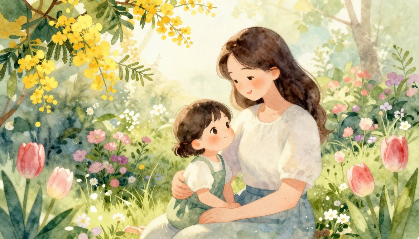 A heartwarming watercolor illustration of a mother and her a...