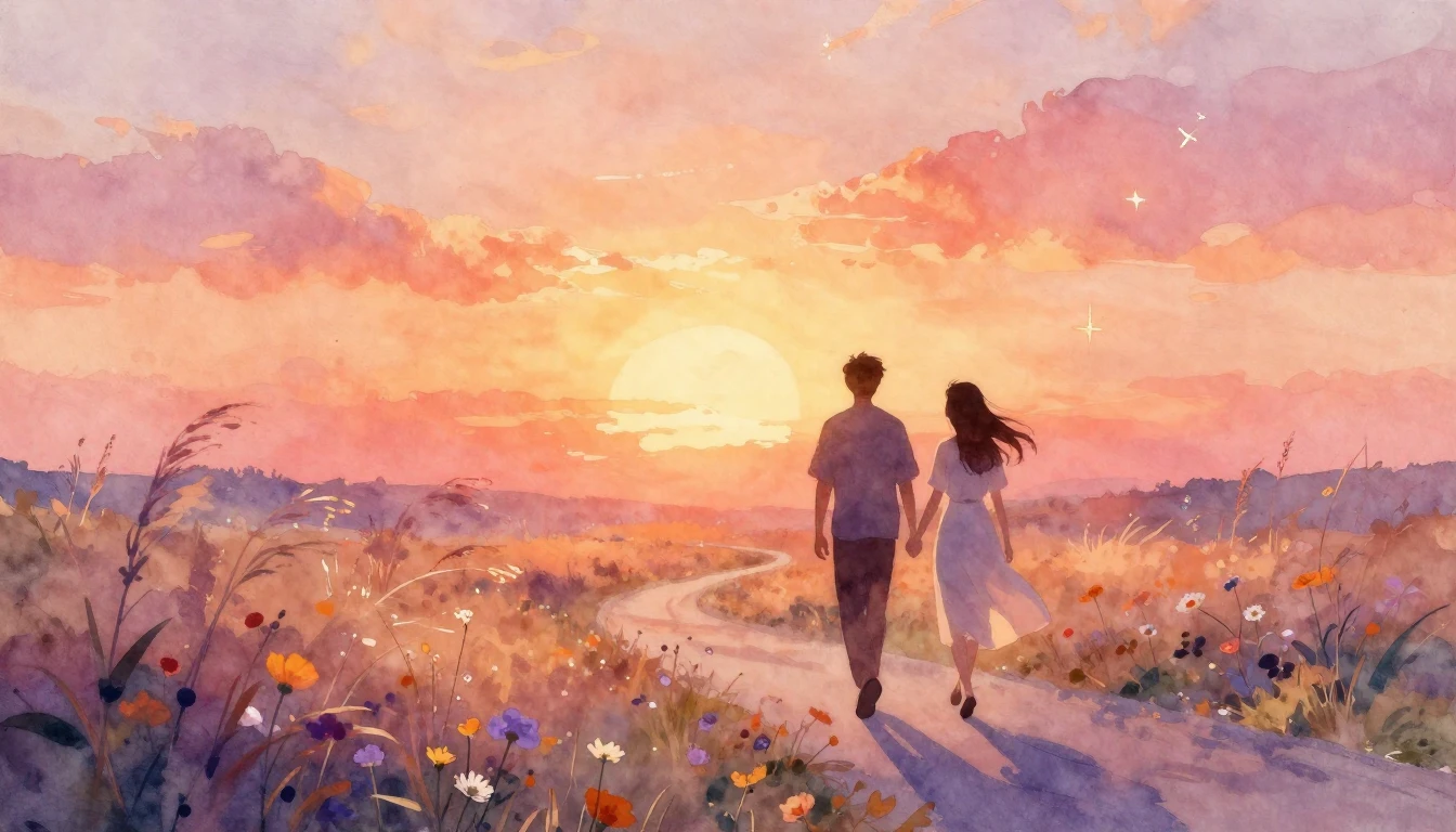 A soft and romantic watercolor painting depicting two silhou...