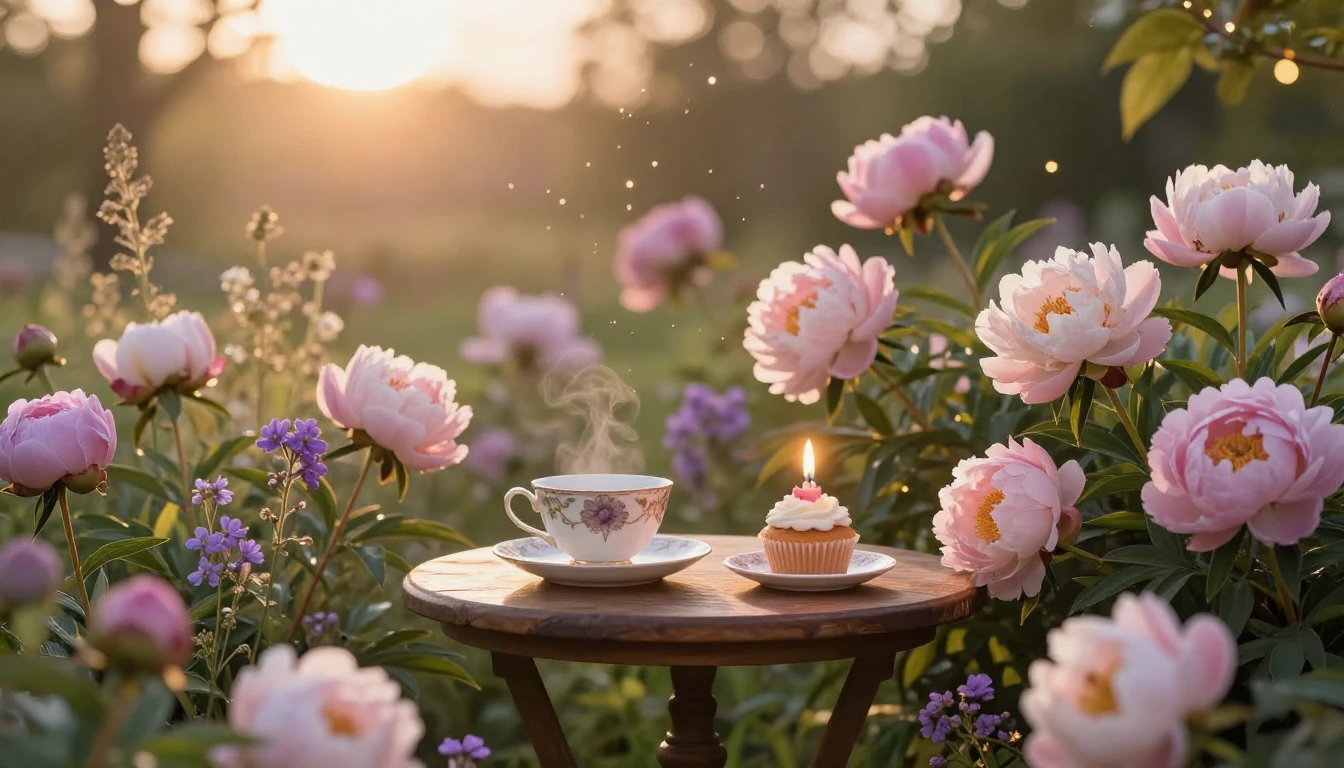 A beautiful and delicate composition of blooming peonies and...