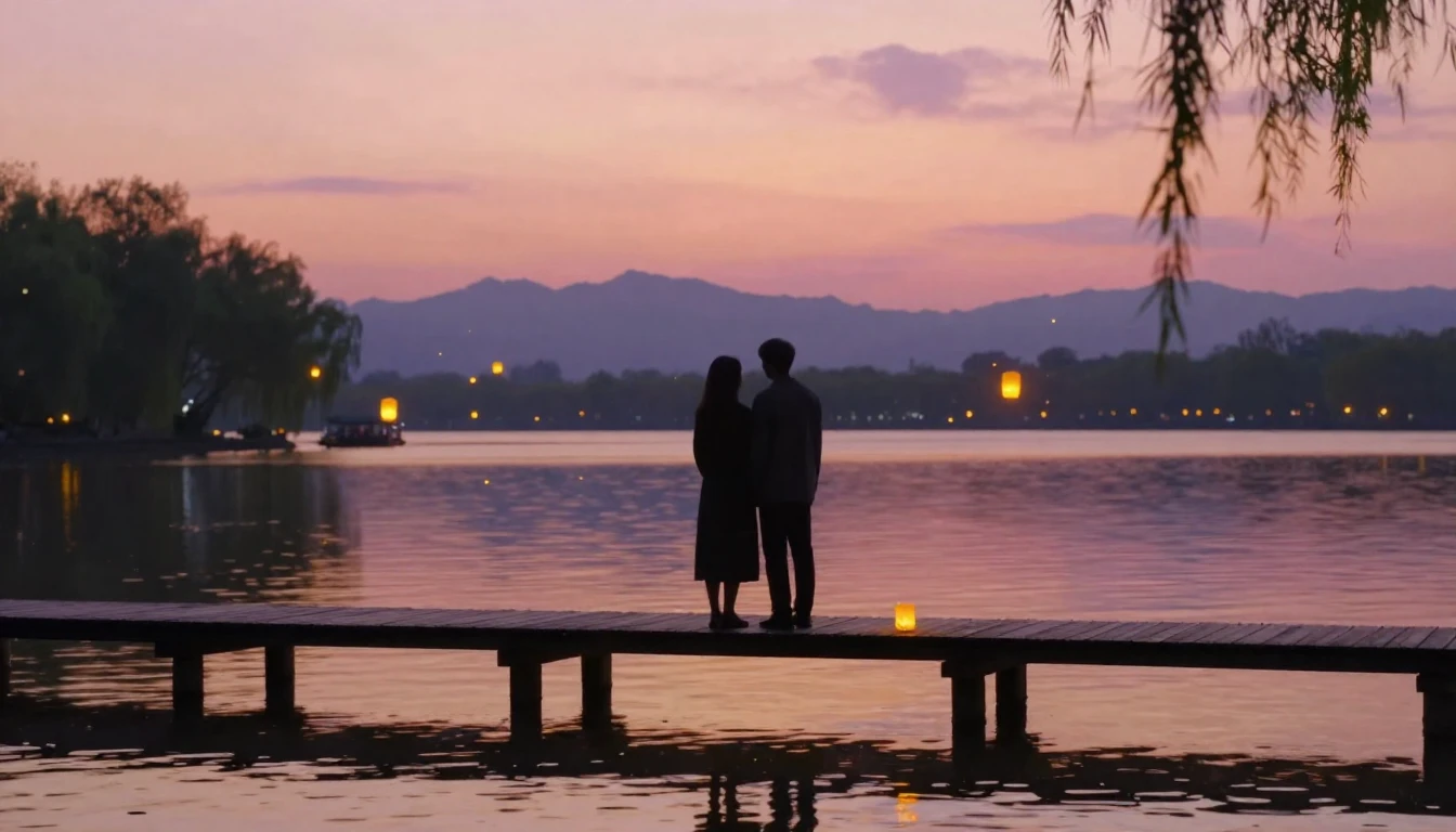 A romantic and dreamlike scene featuring two silhouettes sta...