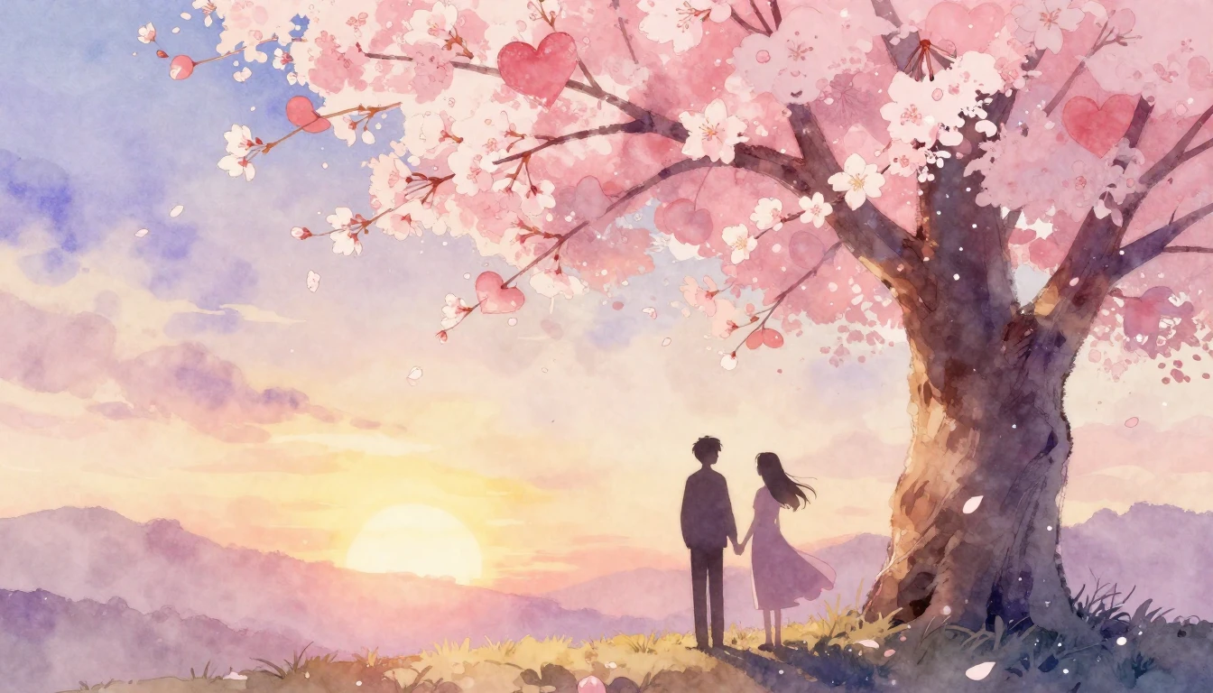 A romantic and ethereal watercolor illustration of two silho...