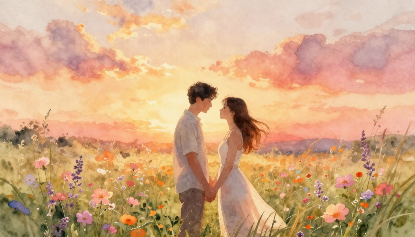 A breathtaking watercolor painting of a romantic couple stan...