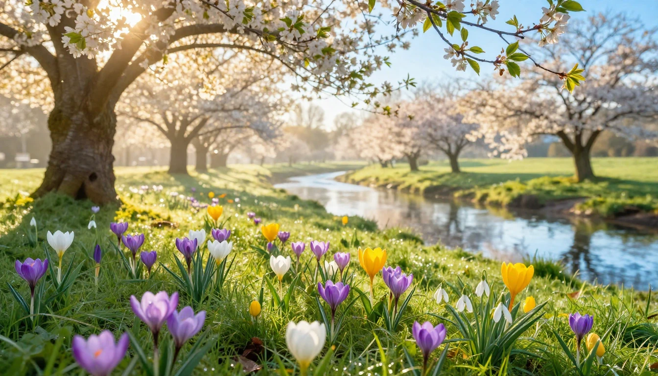 A breathtaking spring landscape at sunrise, featuring a lush...