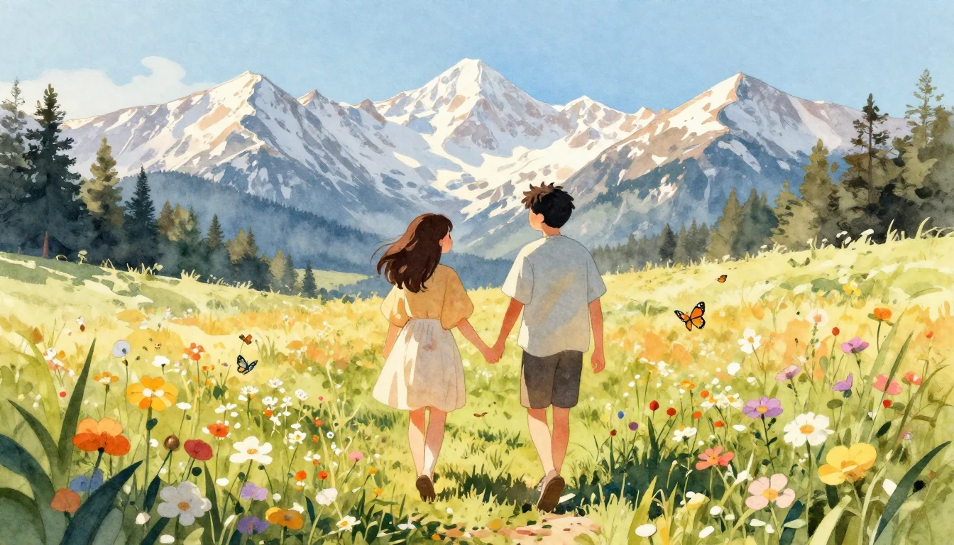 A heartwarming watercolor illustration of two friends walkin...