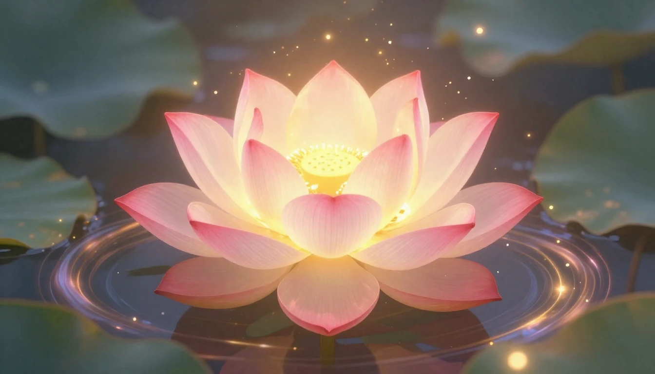 A radiant blooming lotus flower glowing with warm golden and...