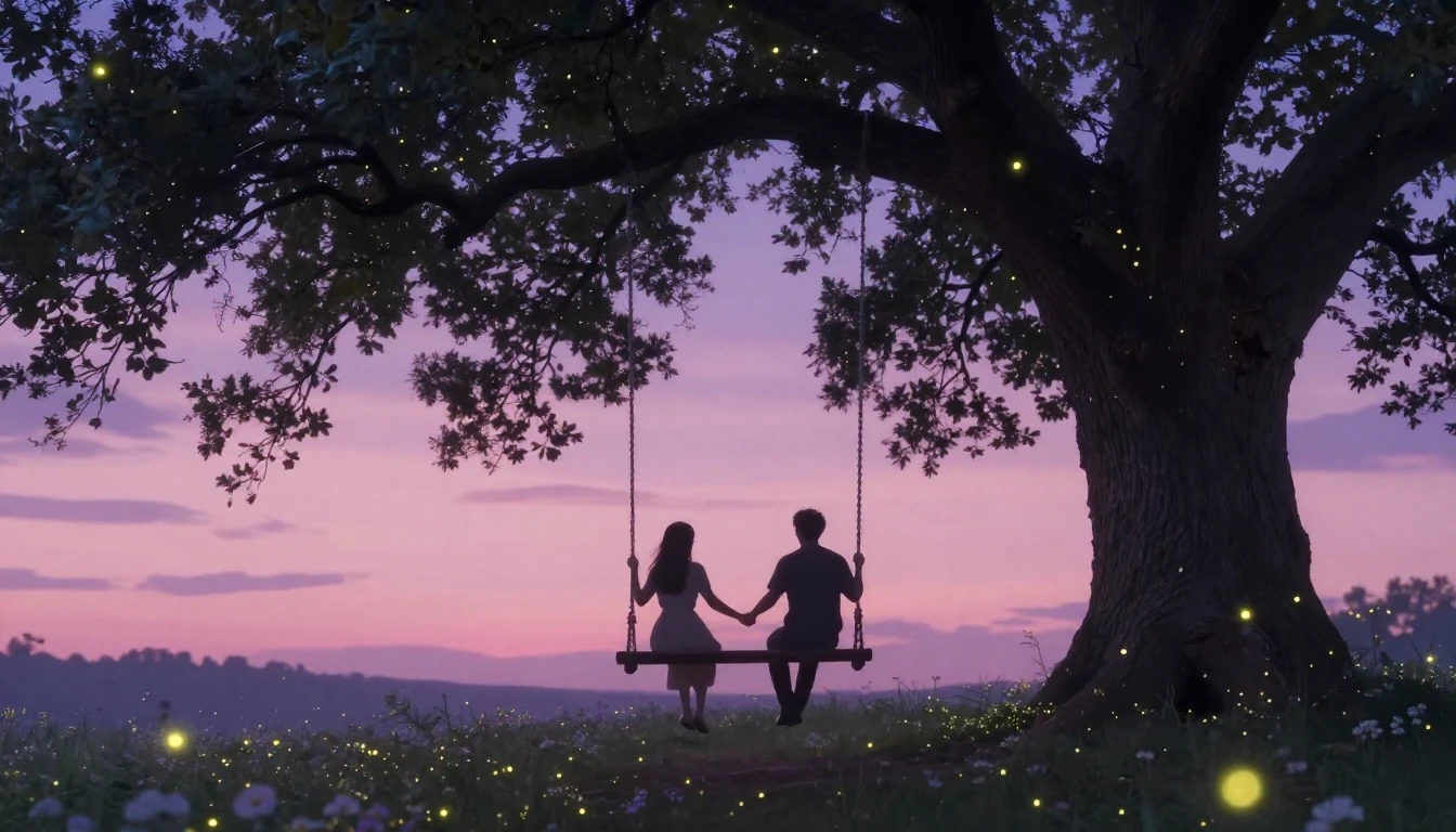 A soft and dreamy romantic scene depicting two silhouetted f...