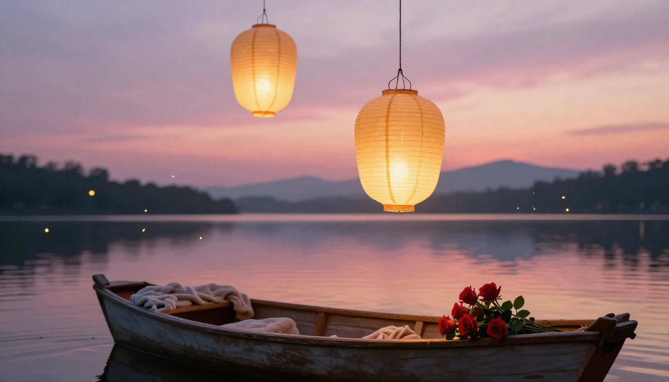 A cozy and romantic scene featuring two glowing, ethereal pa...