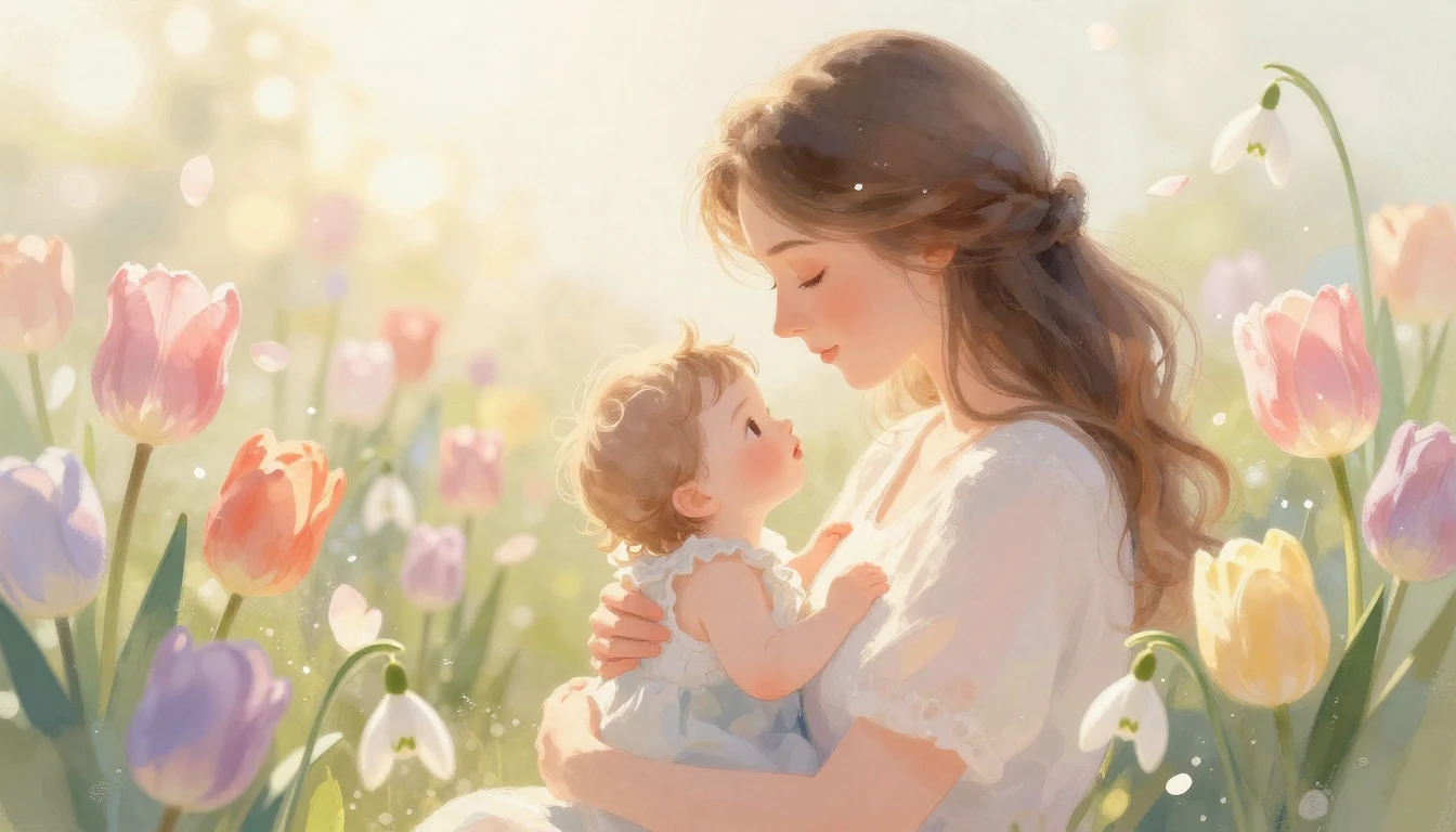A gentle and warm illustration celebrating motherhood and sp...
