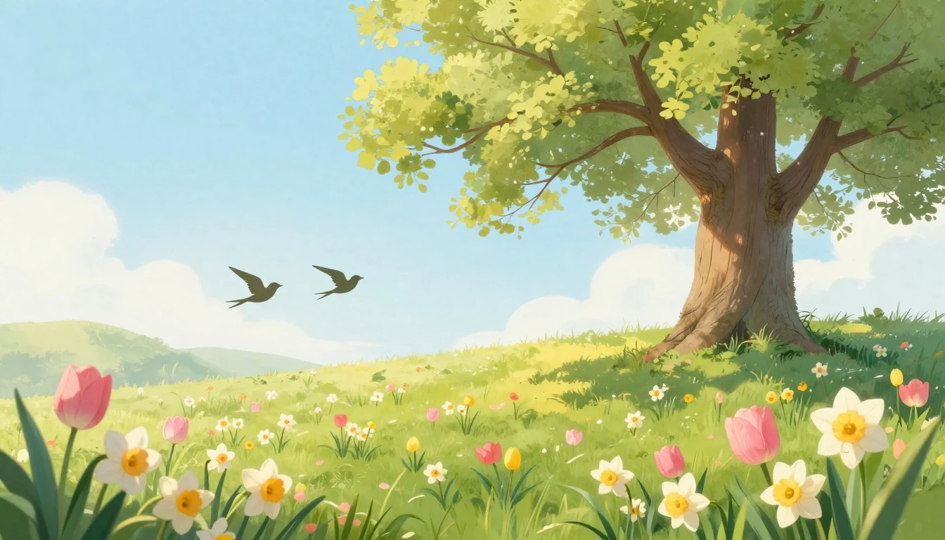 A beautiful, soft spring landscape featuring a blooming mead...