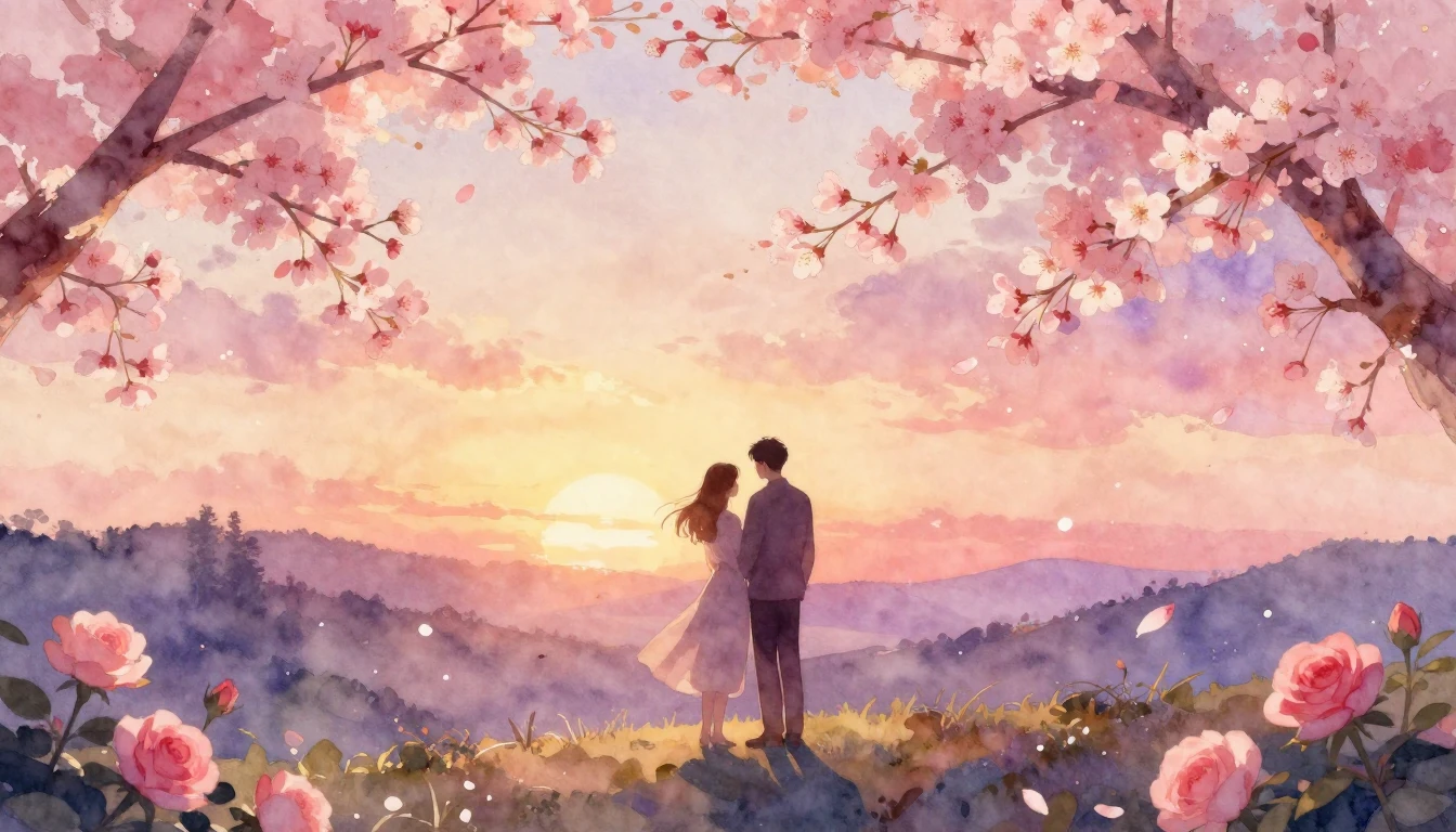A dreamy and romantic watercolor painting of two silhouettes...