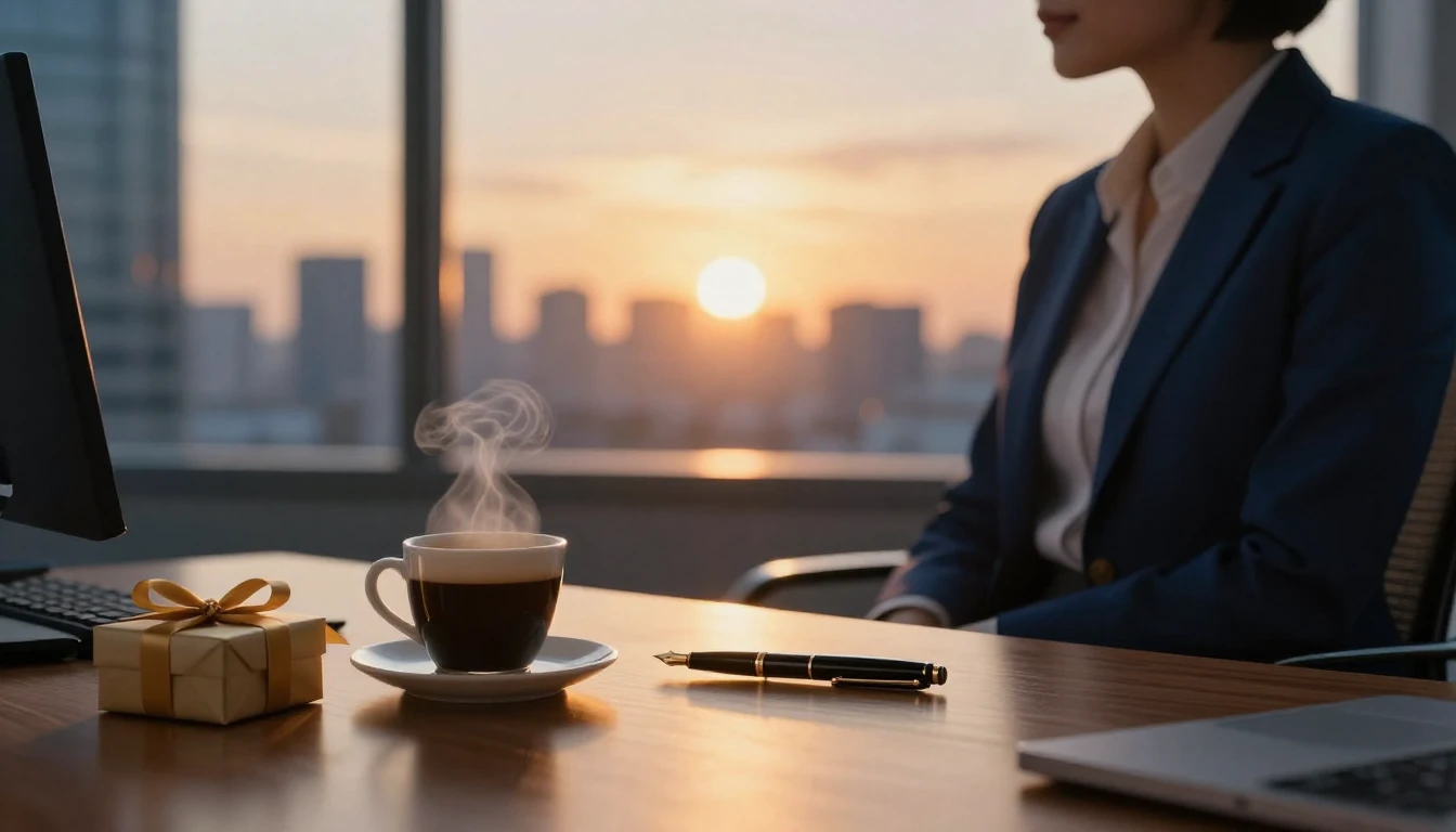 A sophisticated and warm office setting at sunset, viewed fr...