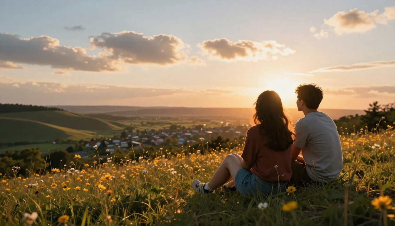 A heartwarming scene of two best friends sitting on a grassy...