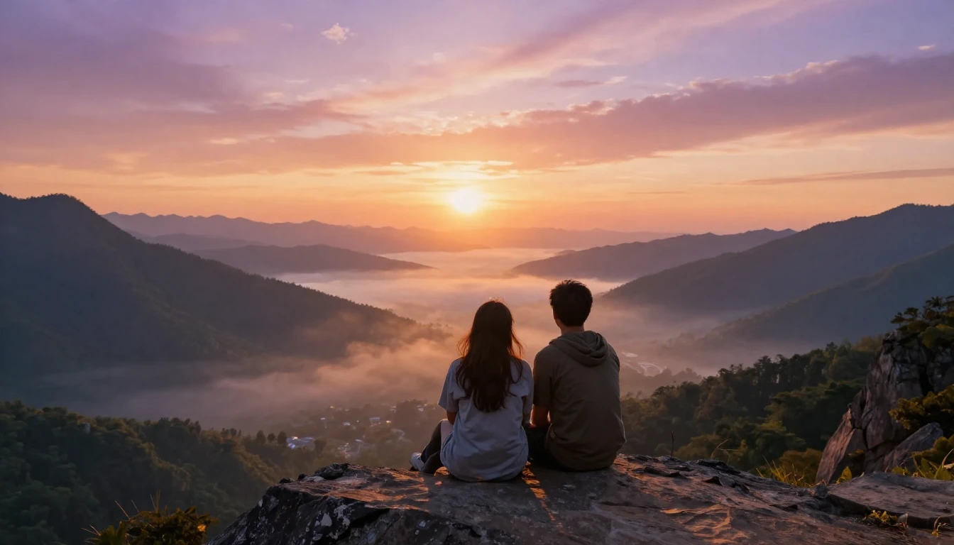 A heartwarming scene of two close friends sitting on a high ...