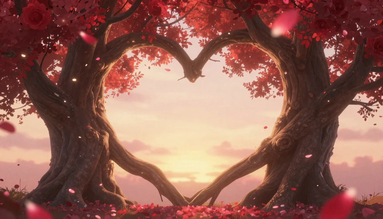 A romantic and dreamy scene featuring two large, ancient tre...