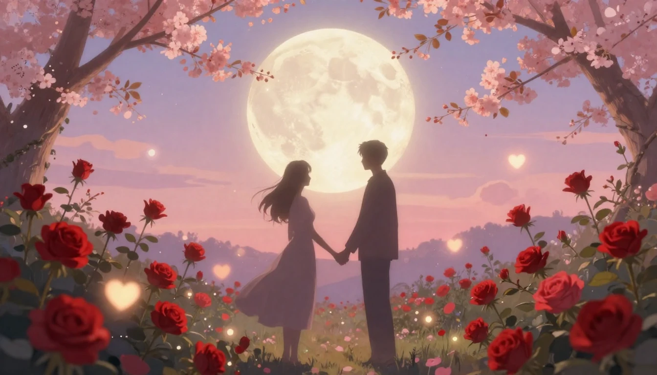 A dreamy and soft composition depicting two silhouettes hold...