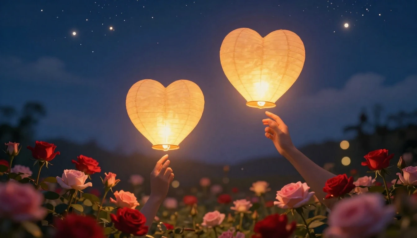 A dreamy and romantic composition featuring two glowing hear...