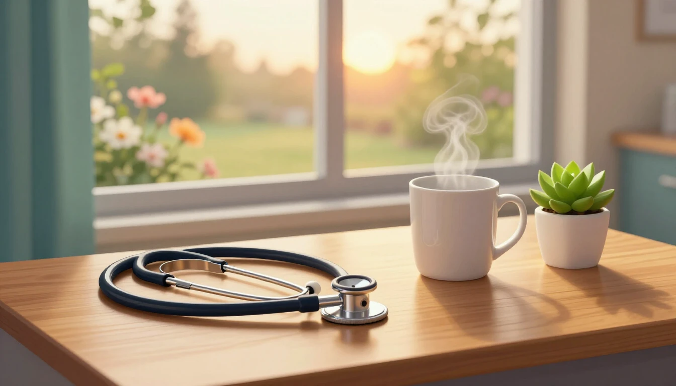 A warm and serene illustration depicting a medical workspace...