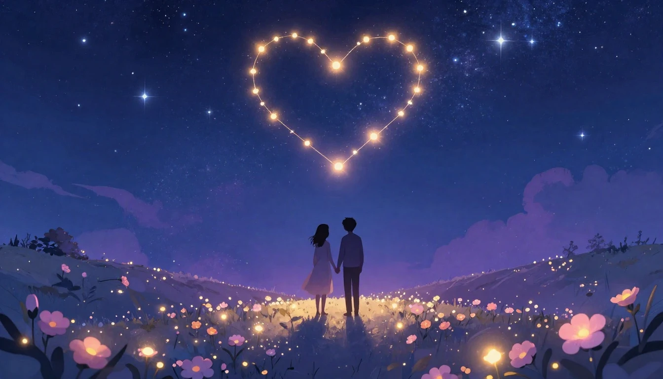 A romantic and dreamy illustration featuring two silhouette ...
