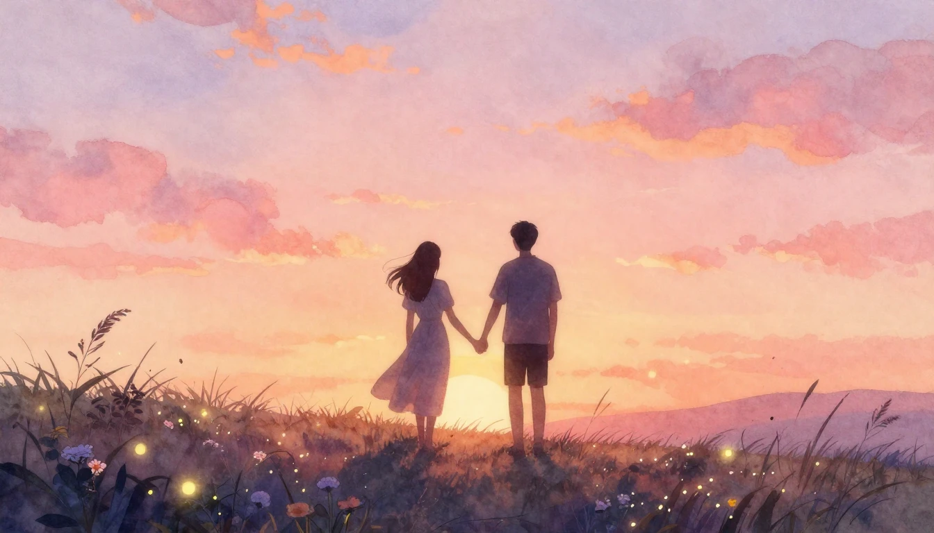 A soft and romantic watercolor painting depicting a silhouet...