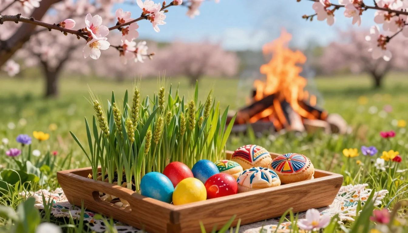 A vibrant and joyful spring celebration scene. In the foregr...