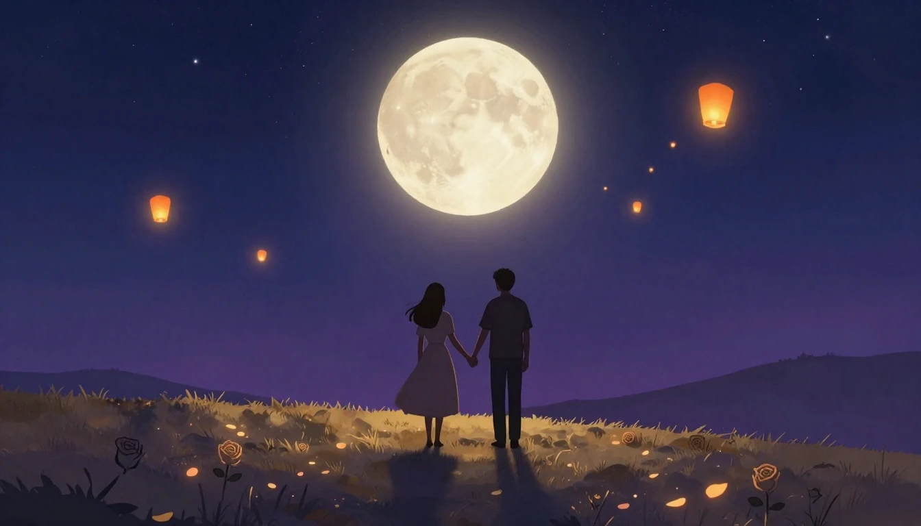A romantic, dreamlike illustration featuring two silhouette ...