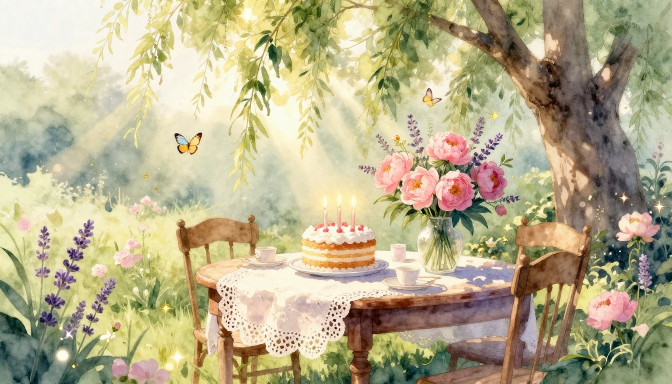 A soft and ethereal watercolor illustration of a cozy outdoo...