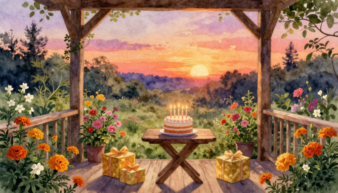 A warm and inviting watercolor painting of a cozy wooden por...