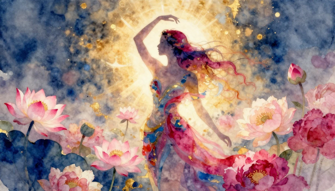 A vibrant and ethereal watercolor painting symbolizing women...