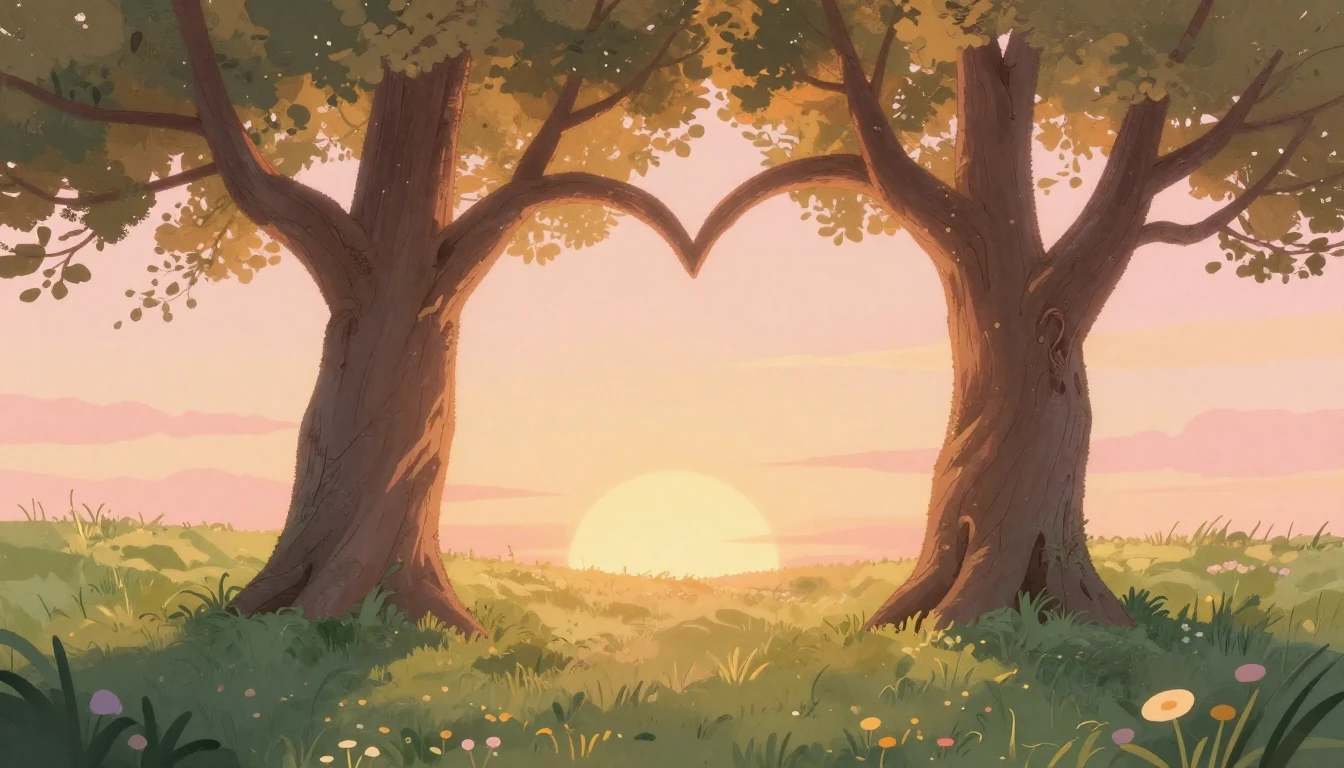 A romantic and soft illustration depicting two large, ancien...