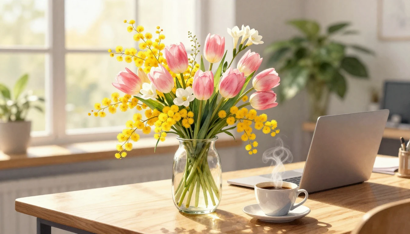 A sophisticated and vibrant bouquet of spring flowers includ...