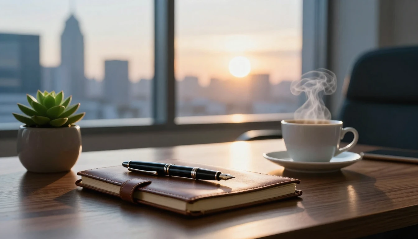 A sophisticated and elegant office desk scene bathed in the ...