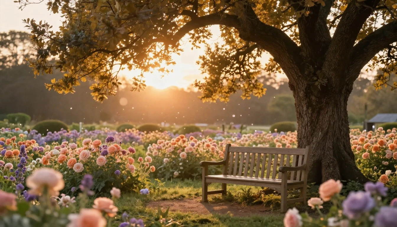 A serene and warm scene capturing a golden sunset over a blo...