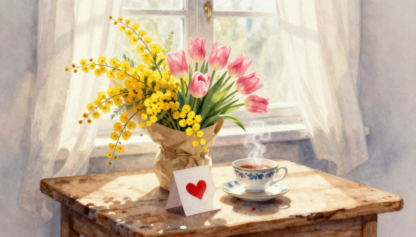 A soft and dreamy watercolor painting depicting a cozy morni...