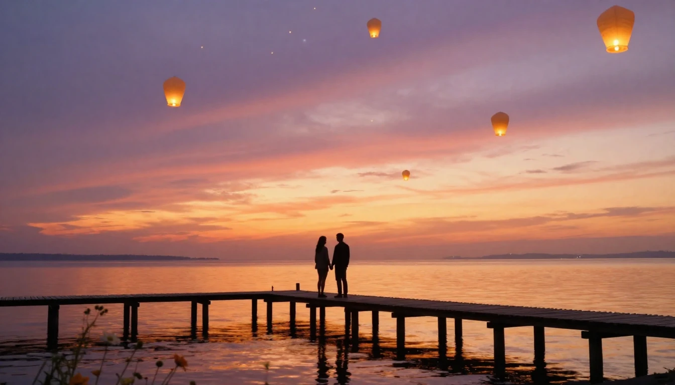 An ethereal and romantic scene of two silhouettes standing o...