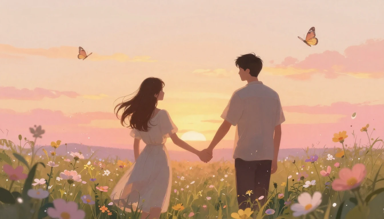 A romantic and ethereal scene featuring two silhouettes of a...