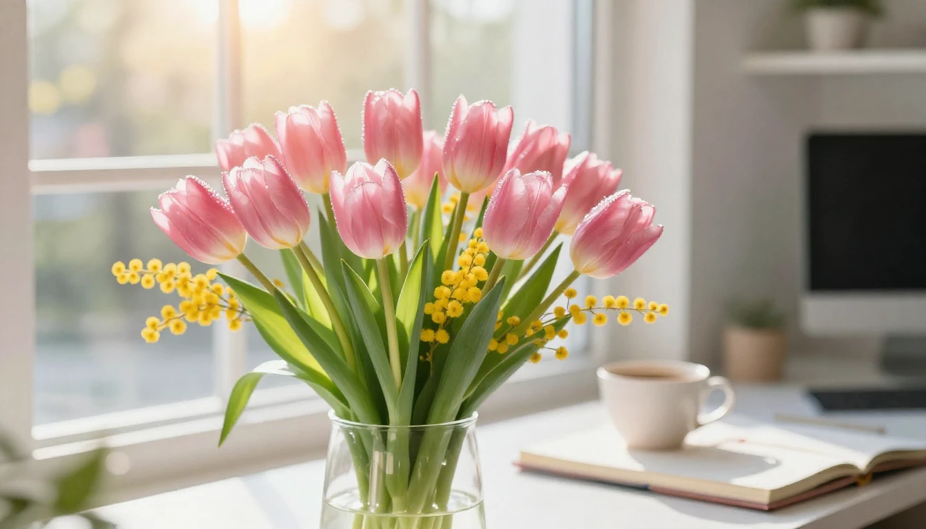 A vibrant and warm spring scene featuring a beautiful bouque...