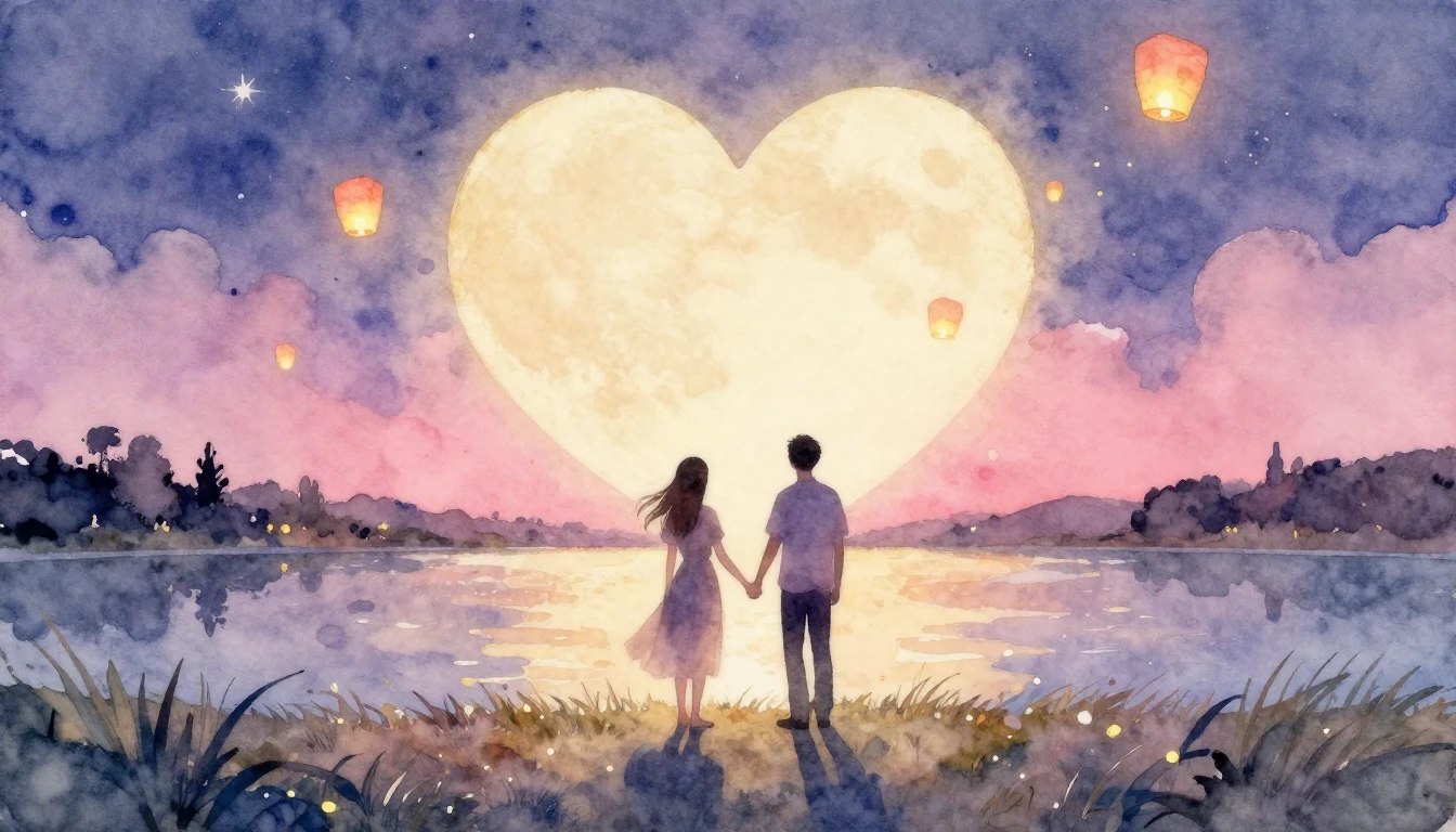 A soft and dreamy watercolor painting depicting two silhouet...