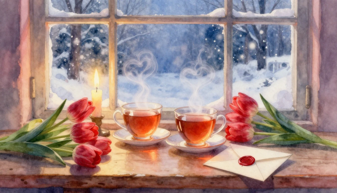 A soft and dreamy watercolor painting depicting a romantic V...