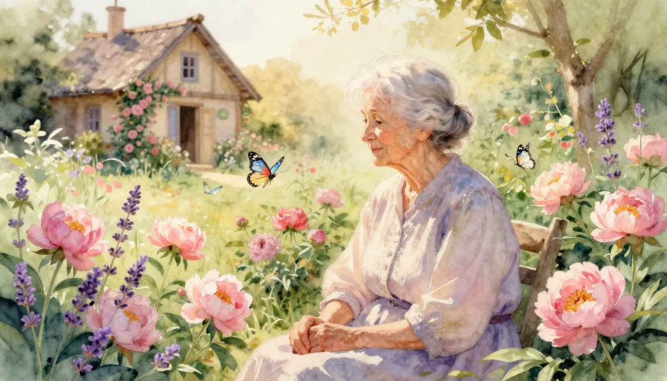 A heartwarming and serene watercolor painting of an elderly ...