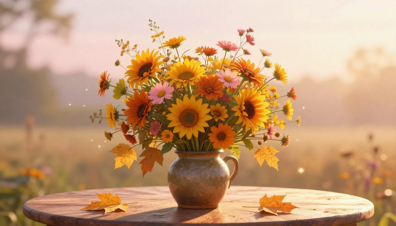A vibrant and warm scene featuring a lush bouquet of sun-kis...