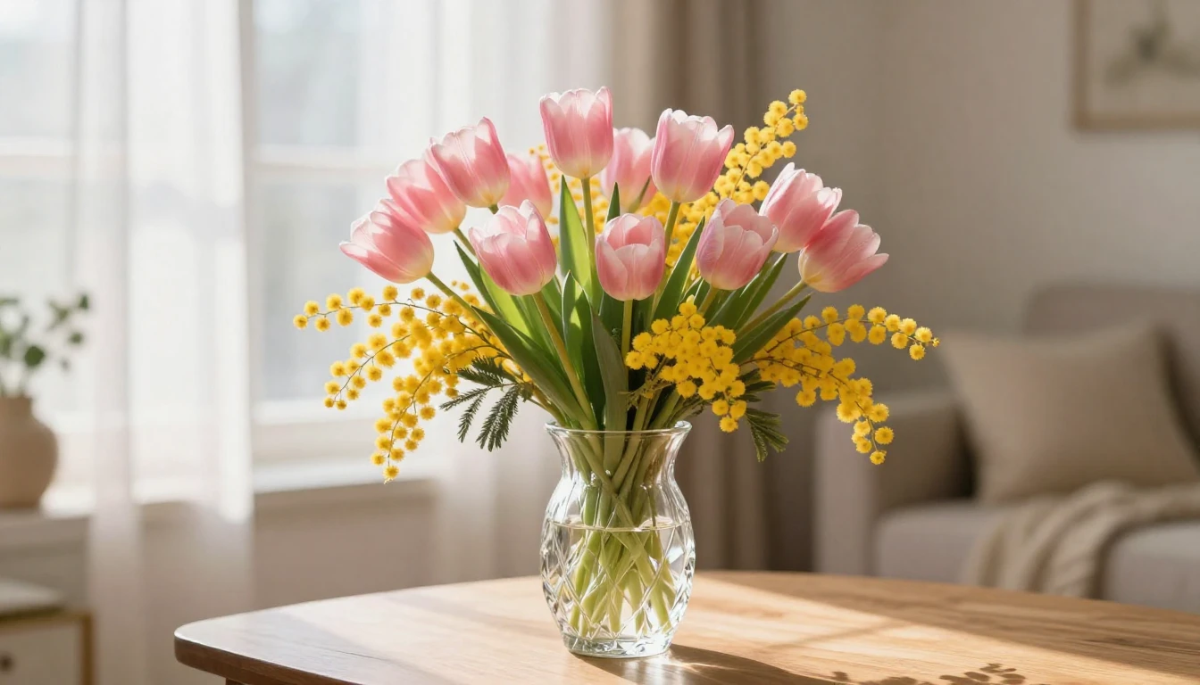 A beautiful and delicate bouquet of pink tulips and bright y...
