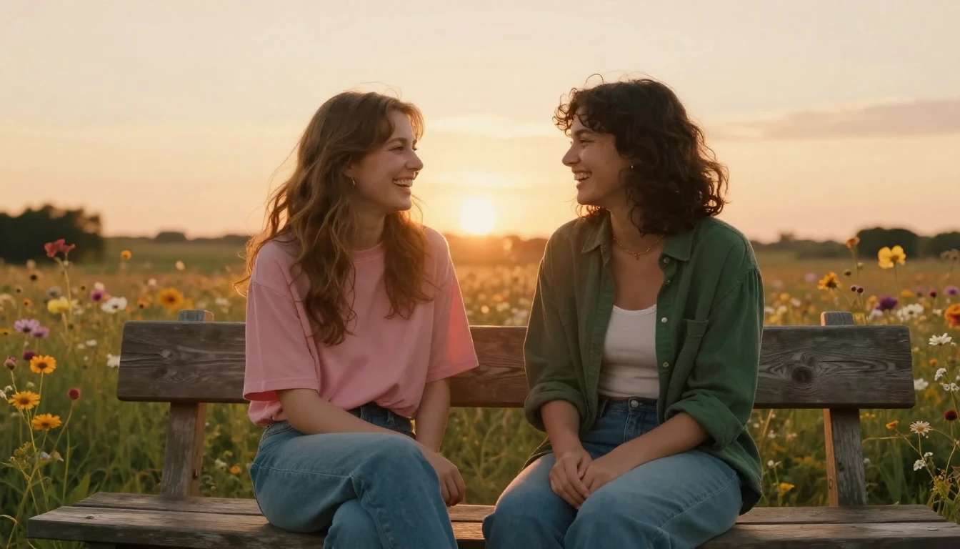 A heartwarming and cozy scene of two close friends sitting o...