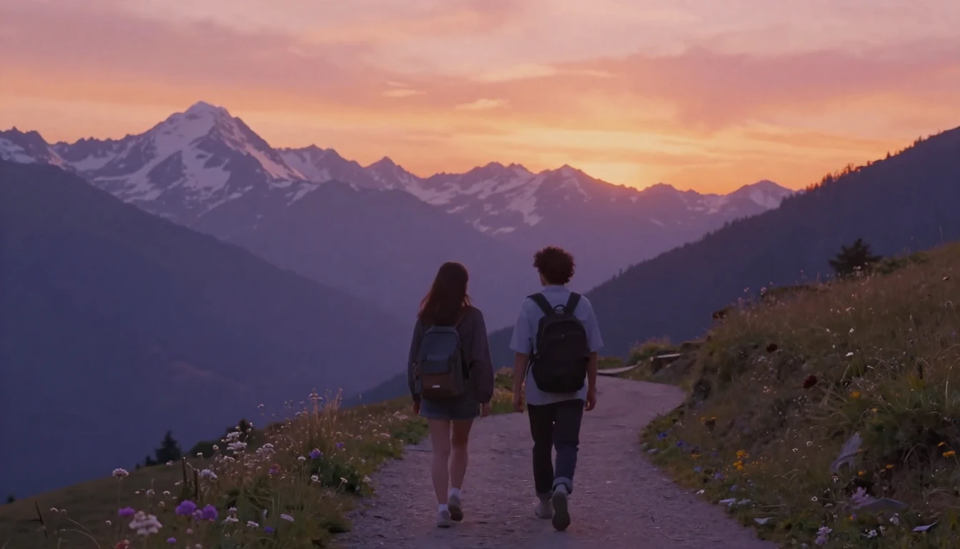 A heartwarming scene of two close friends walking along a pe...