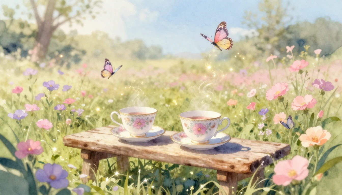 A delicate and ethereal watercolor painting depicting a sun-...