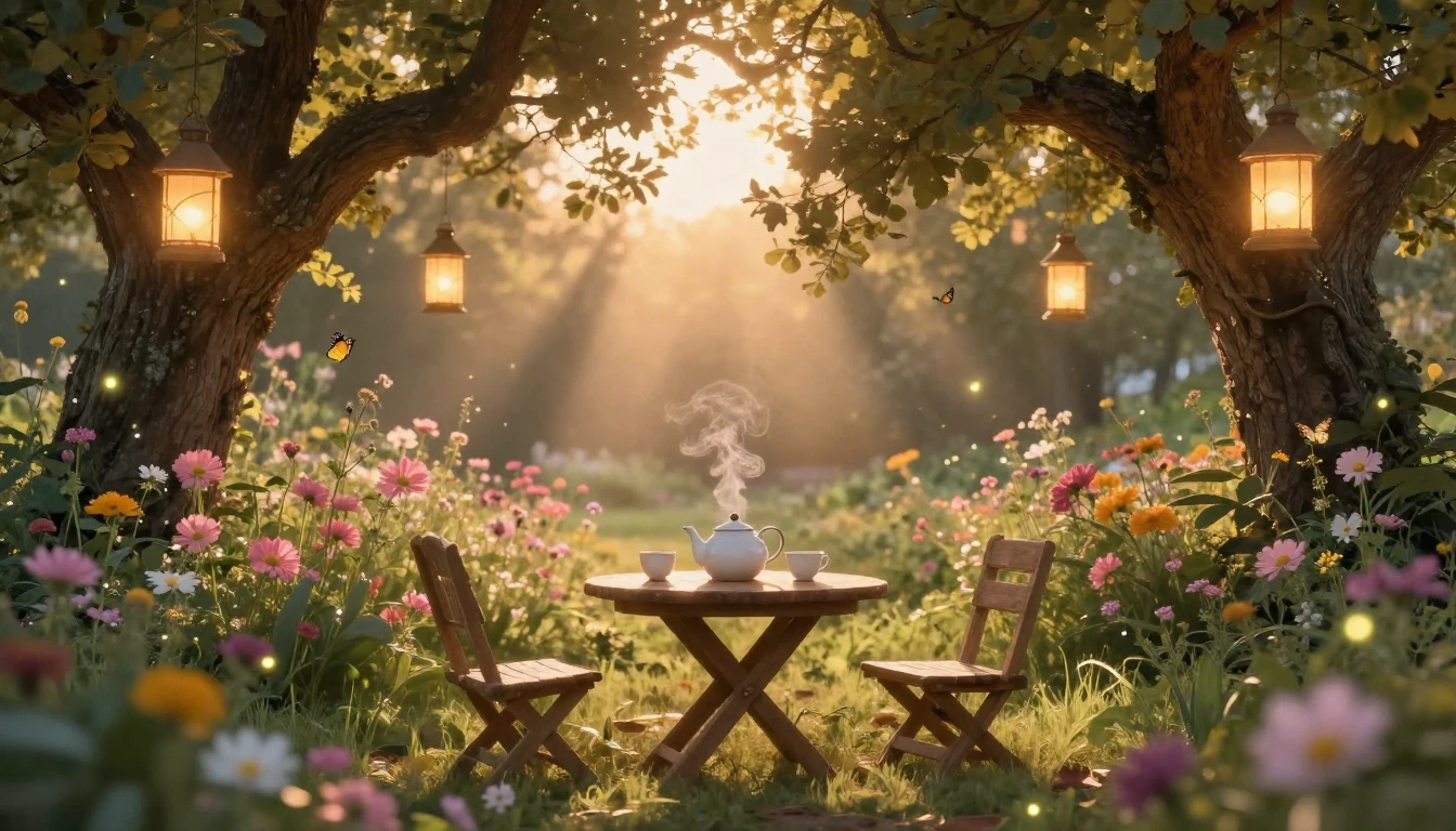 A warm and cozy outdoor scene during the golden hour. A beau...