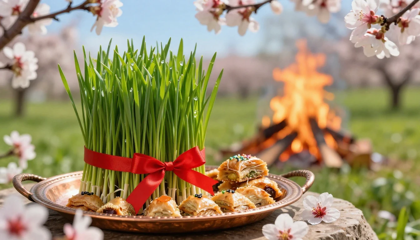 A vibrant and magical spring scene celebrating Novruz. In th...