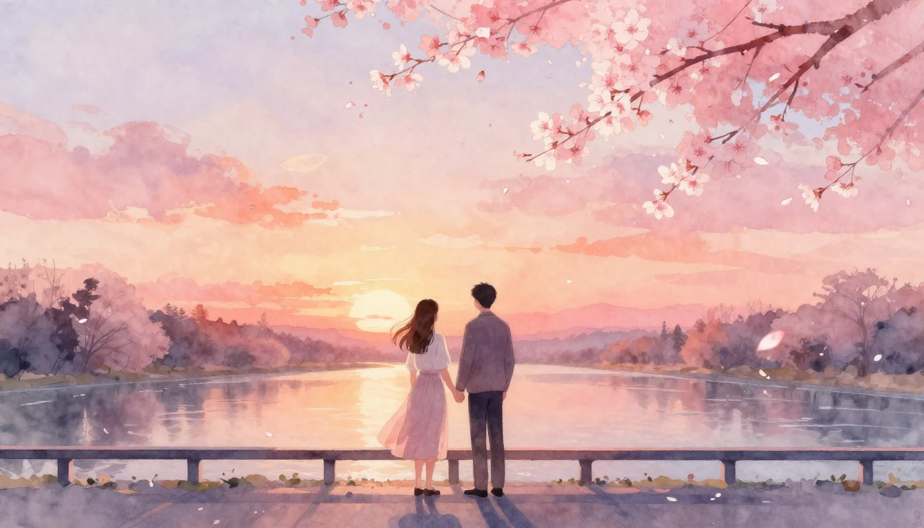 A romantic and ethereal watercolor painting of a couple stan...