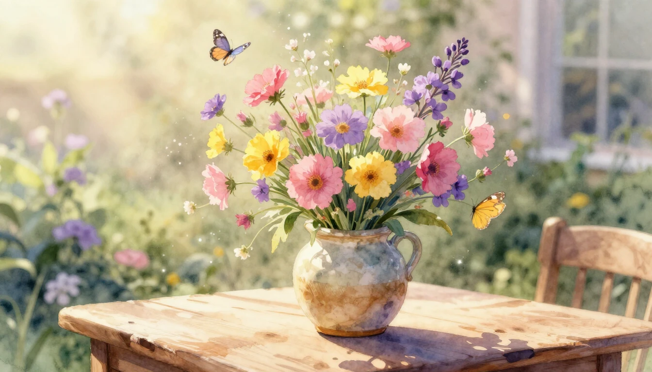 A delicate watercolor painting of a vibrant bouquet of wildf...